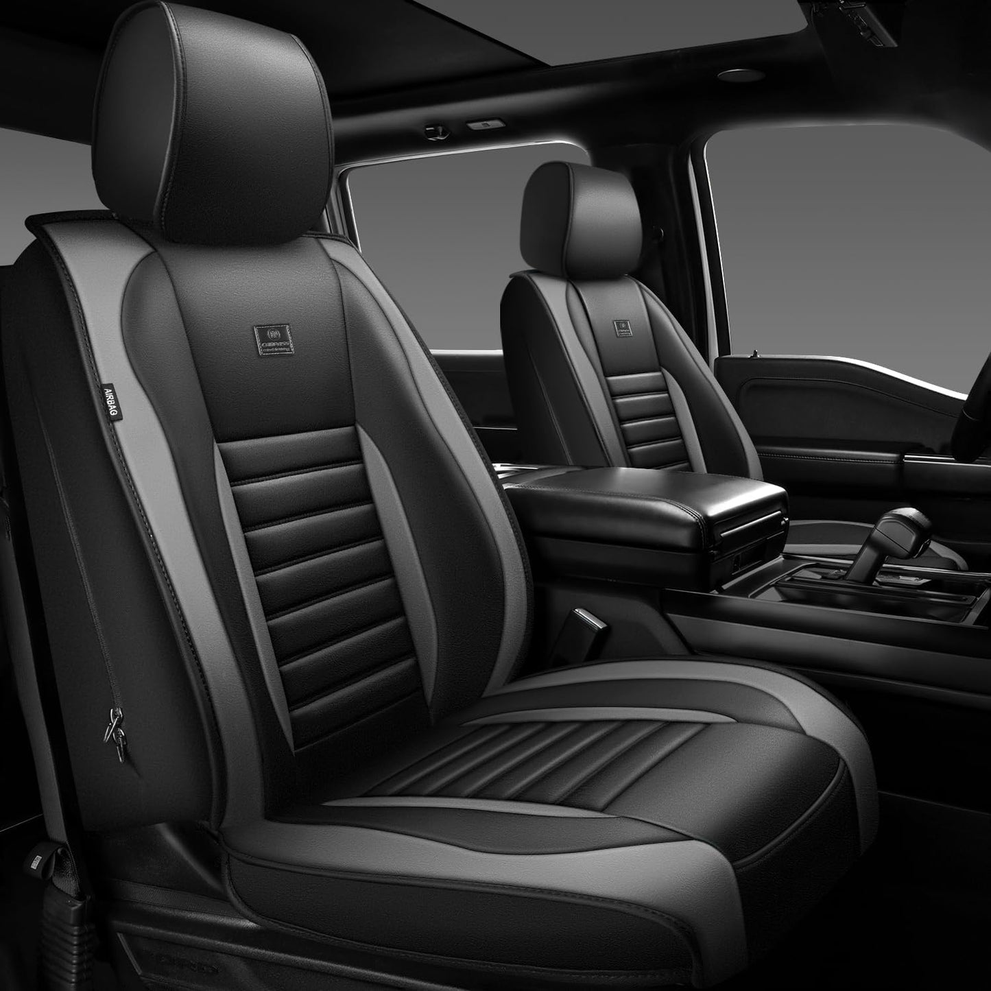 CAR PASS Nappa Leather Car Seat Covers Front Seats, Luxury Seat Protector for Cars, Waterproof Anti-Slip Seat Cushion Armrest Compatible Airbag Universal for SUV Pick-up Truck Automotive, Black Gray