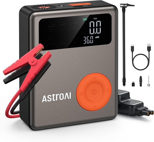 AstroAI Portable Car Jump Starter with Air Compressor, 150PSI 1750A Car Jumper Starter Battery Pack with Cordless Tire Inflator (7.5 Gas/5.0L Diesel), 12V Jump Box, Large LCD Display, Lights