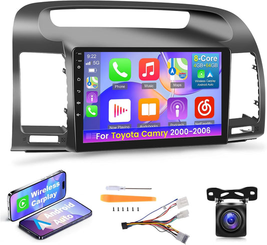 [8 Core 4+64G] Car Radio for Toyota Camry 2000-2006 with Wireless Carplay and Android Auto - 9 Inch IPS 1280 * 720 Touchscreen Android Stereo - DSP / 59 UI Themes/WiFi/GPS/SWC + AHD Backup Camera