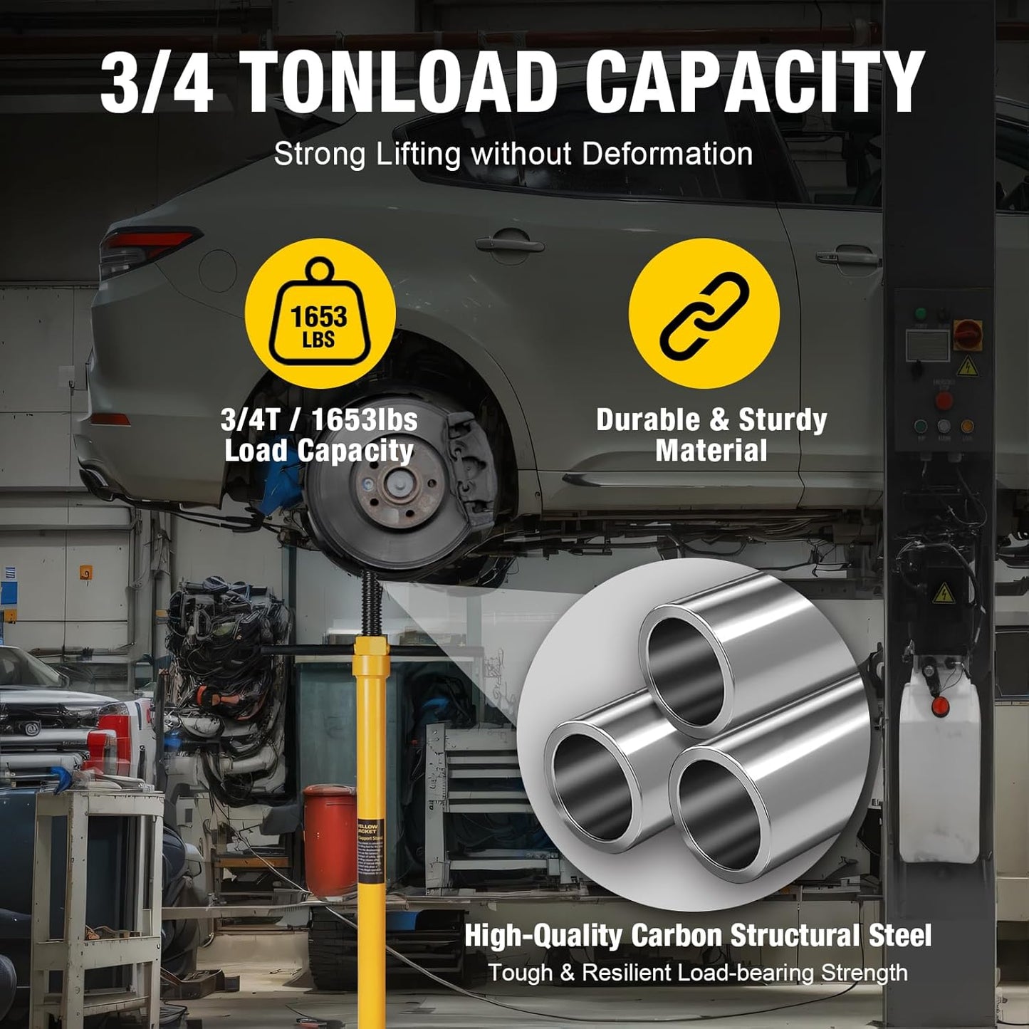 YELLOW JACKET Underhoist Support Stand 3/4 Ton Capacity with Foot Pedal, Lifting from 52.8" to 76.5", 12 Inch Diameter Base, Bearing Mounted Spin Handle, Contoured Saddle, Supports Vehicle Components