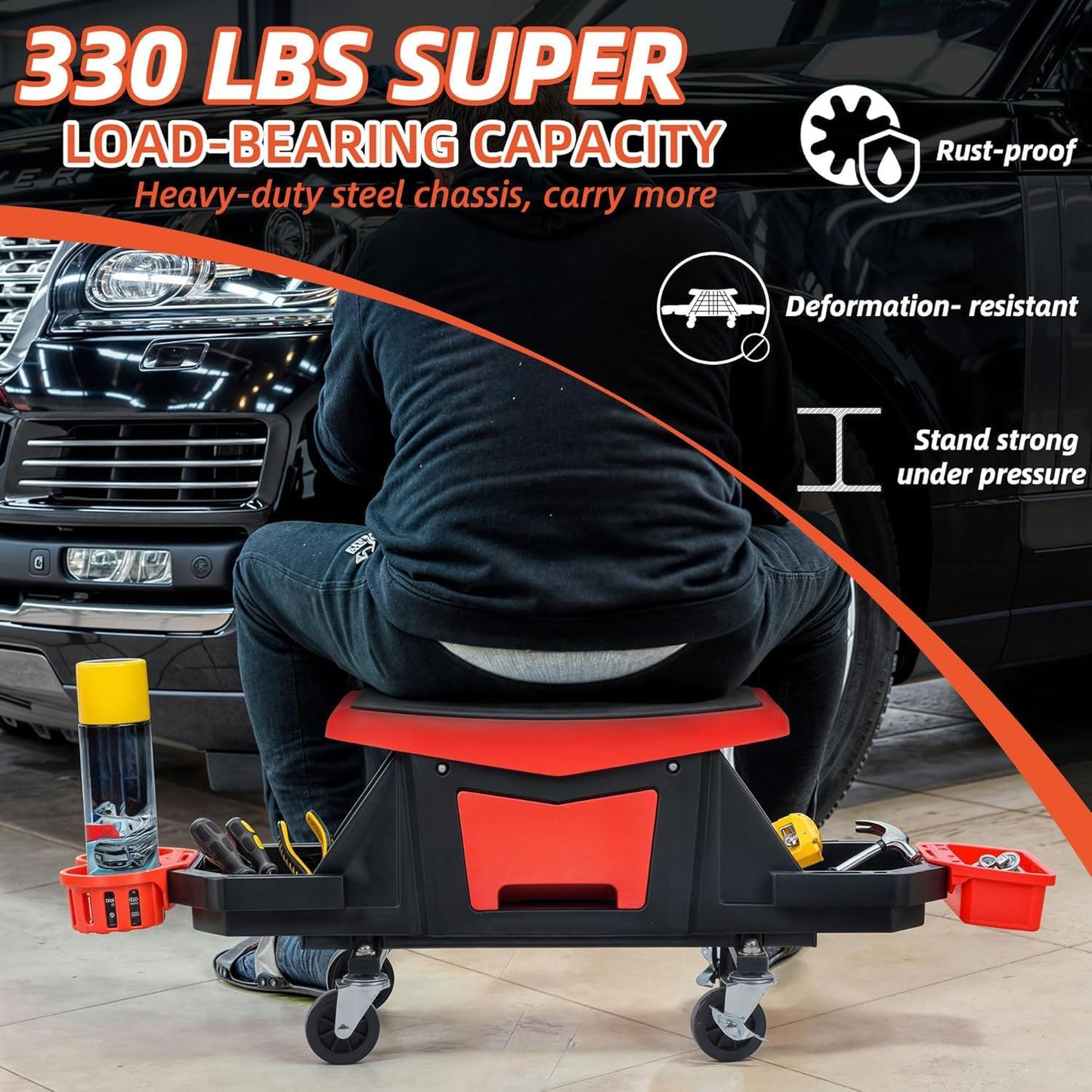 YITAHOME Detailing Stool with Wheels, Mechanics Seat With 2 Removable Trays and Drawer, Heavy Duty Rolling Garage Stool 330 LBS Capacity, Rolling Tool Seat for Automotive Auto Repair Car Wash Upgraded