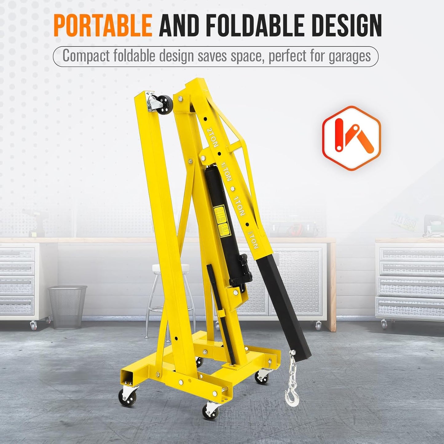 2 Ton Engine Hoist, Hydraulic Cherry Picker Engine Hoist Lift, 4400LBS Heavy Duty Crane Lifter with 6 Casters and Telescopic Boom, Foldable & Portable Design, for Garage, Workshop, Warehouse (Yellow)
