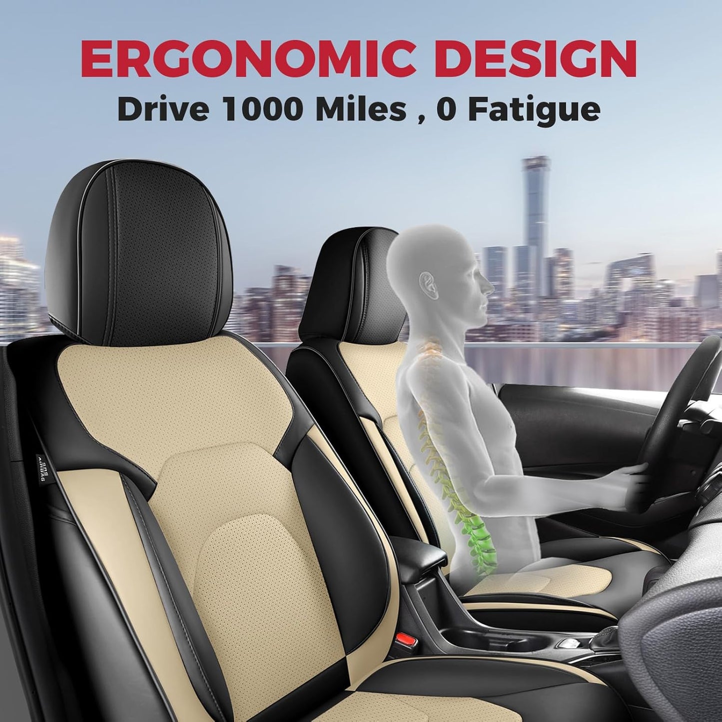 FREESOO Car Seat Covers Full Set,Waterproof Automotive Seat Covers, Leather Cars Interior Covers, Seats Protection Universal fit Babies & Adult (Black Beige)