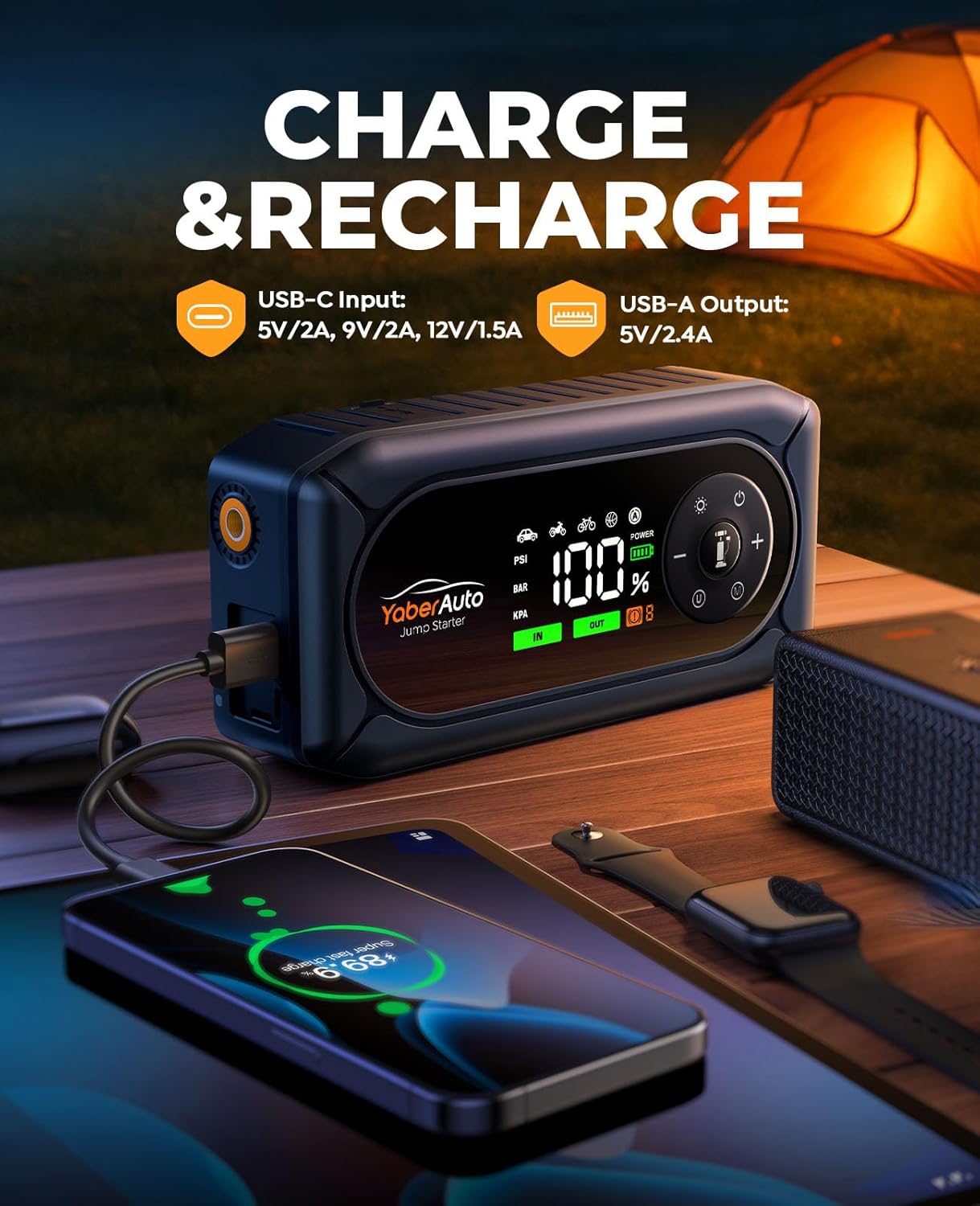 YaberAuto 9-in-1 Jump Starter with Air Compressor 4500A 150PSI Portable Car Battery Jump Starter (9L Gas/8L Diesel), Jump Box Car Battery Jumper Starter Portable Jumper Cables, Insulated Gloves, Light