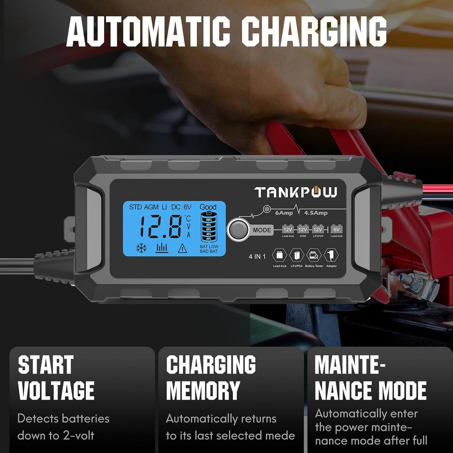 6-Amp Automotive Battery Charger, 6V and 12V Smart Car Battery Charger,Trickle Charger Battery Maintainer and Desulfator,Float Charger for Car,Motocycle,ATV,Lithium and Deep Cycle Batteries.