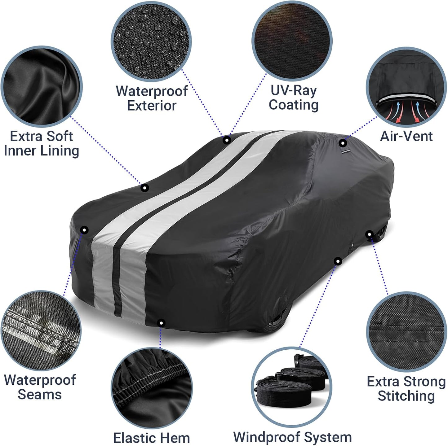 iCarCover Custom Car Cover for Buick Apollo (1973-1975) Waterproof All-Weather Rain Snow UV Sun Protector Full Exterior Indoor Outdoor Car Cover (Stripe - Black/Gray)