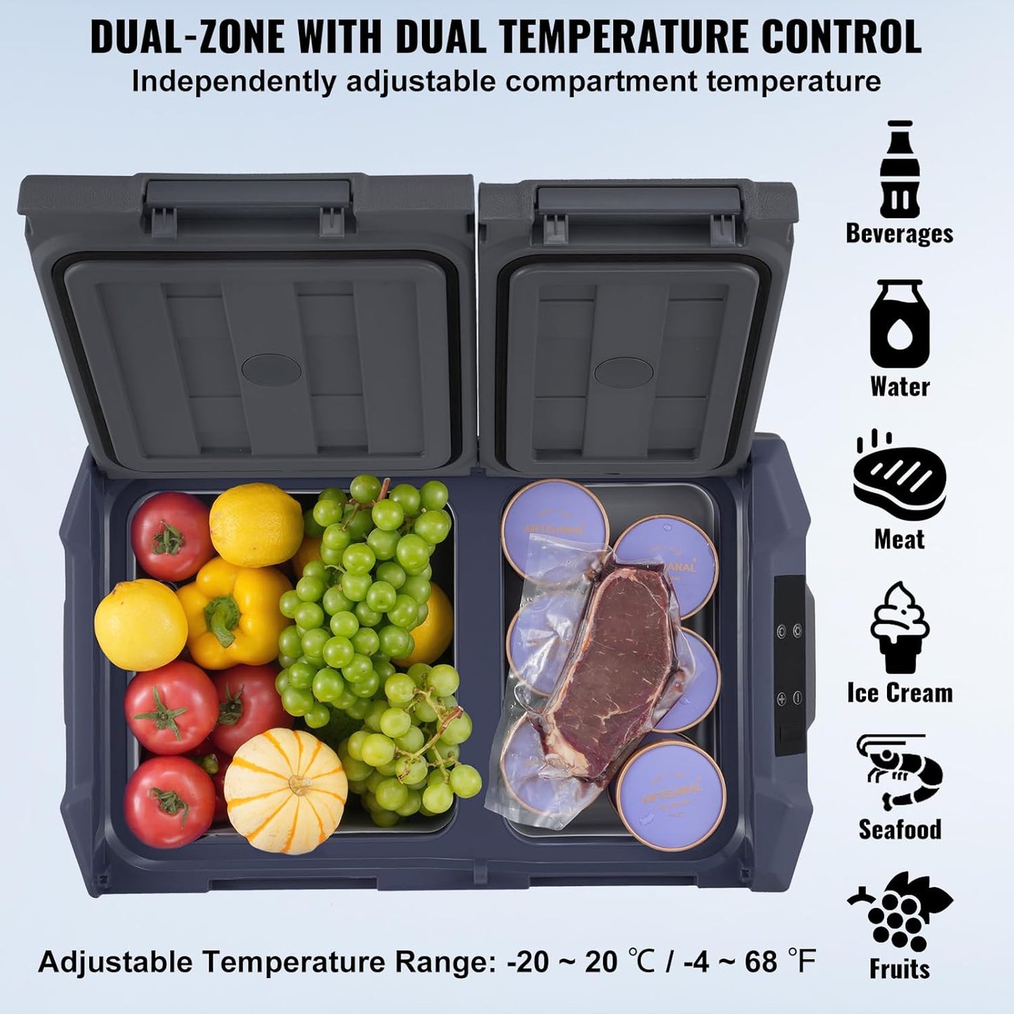 VEVOR NLS45, 12 Volt Car Refrigerator Fridge, 32 L Dual Zone Portable Freezer, -4℉-68℉ Adjustable Range, 12/24V DC and 100-240V AC Compressor Cooler for Outdoor, Camping, RV, Bule and grey