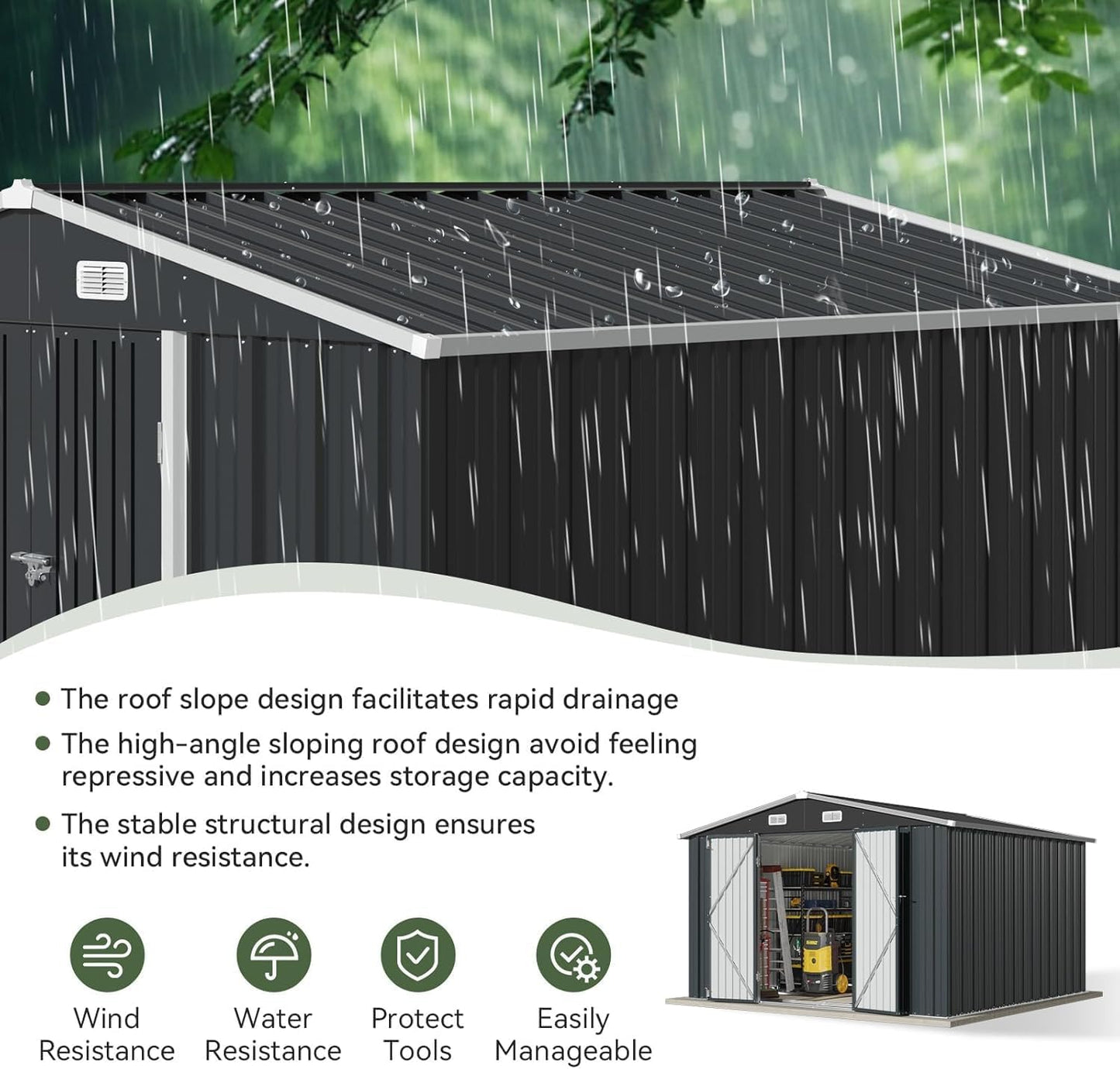 10x10 FT Shed Outdoor Storage Shed with Base, Large Shed Steel Utility Tool Shed Storage House with Door & Lock, Metal Sheds with Sloped Roof for Garden Patio Poolside, Black
