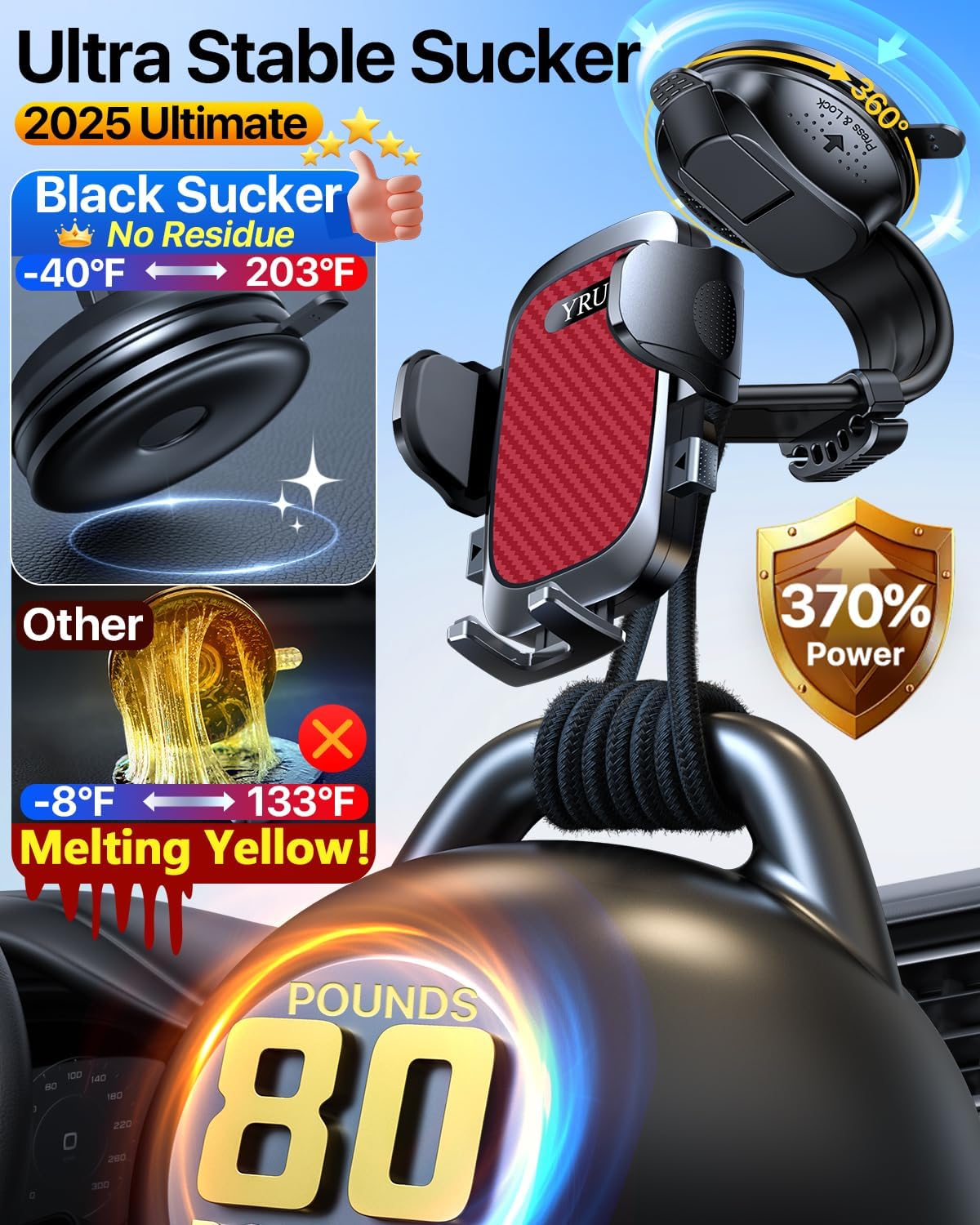 YRU [2025 Ultimate Car Phone Holder [Bendable & Adjustable Aluminum Arm] Cell Phone Automobile Cradles Dashboard Windshield Pickup Truck Phone Mount for iPhone 16 15 14 13 Pro Max Samsung,Tomato Red