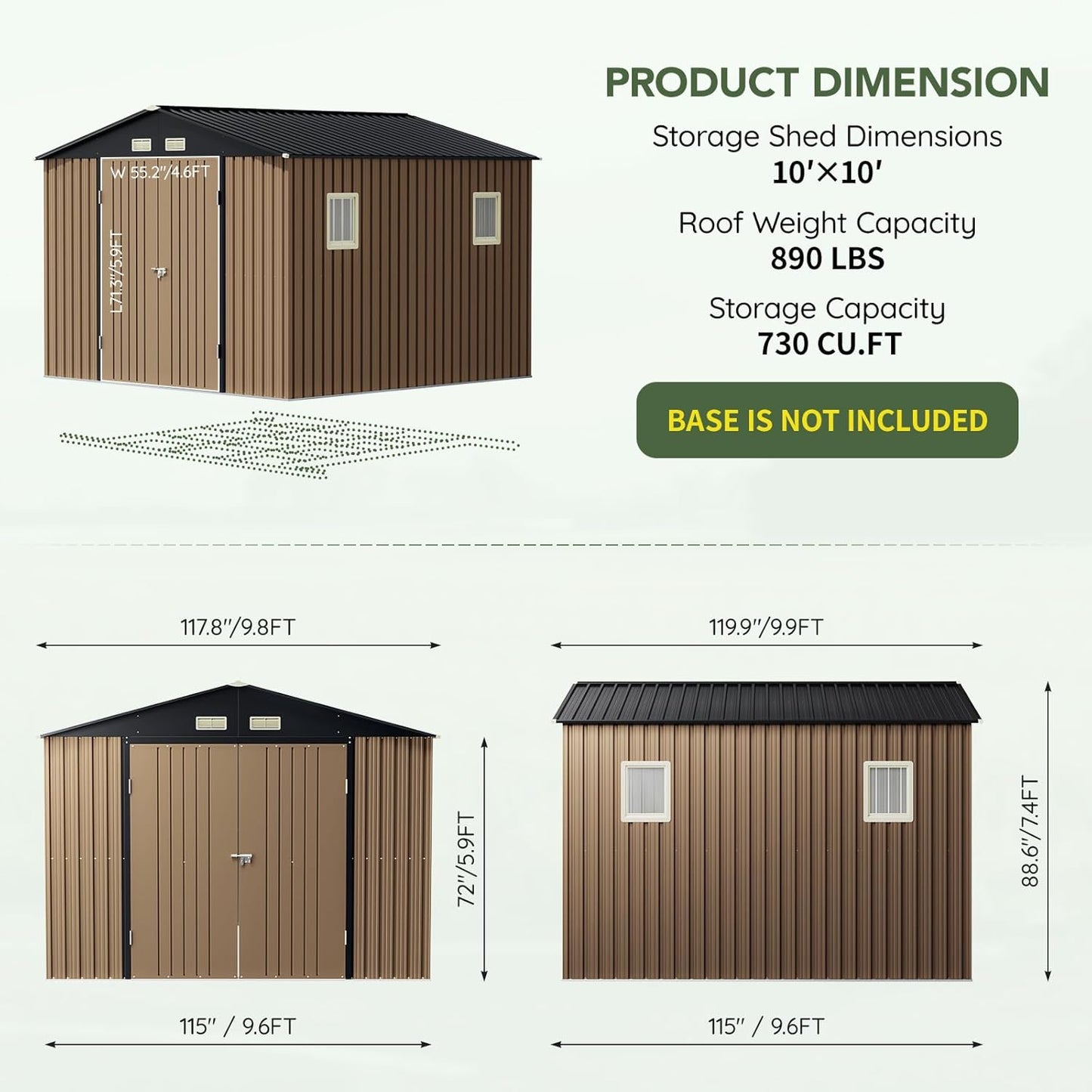 10x10 FT Outdoor Metal Storage Shed, Double Swing Doors, 2 Clear Windows,Tool Shed for Garden, Patio, Backyard Brown