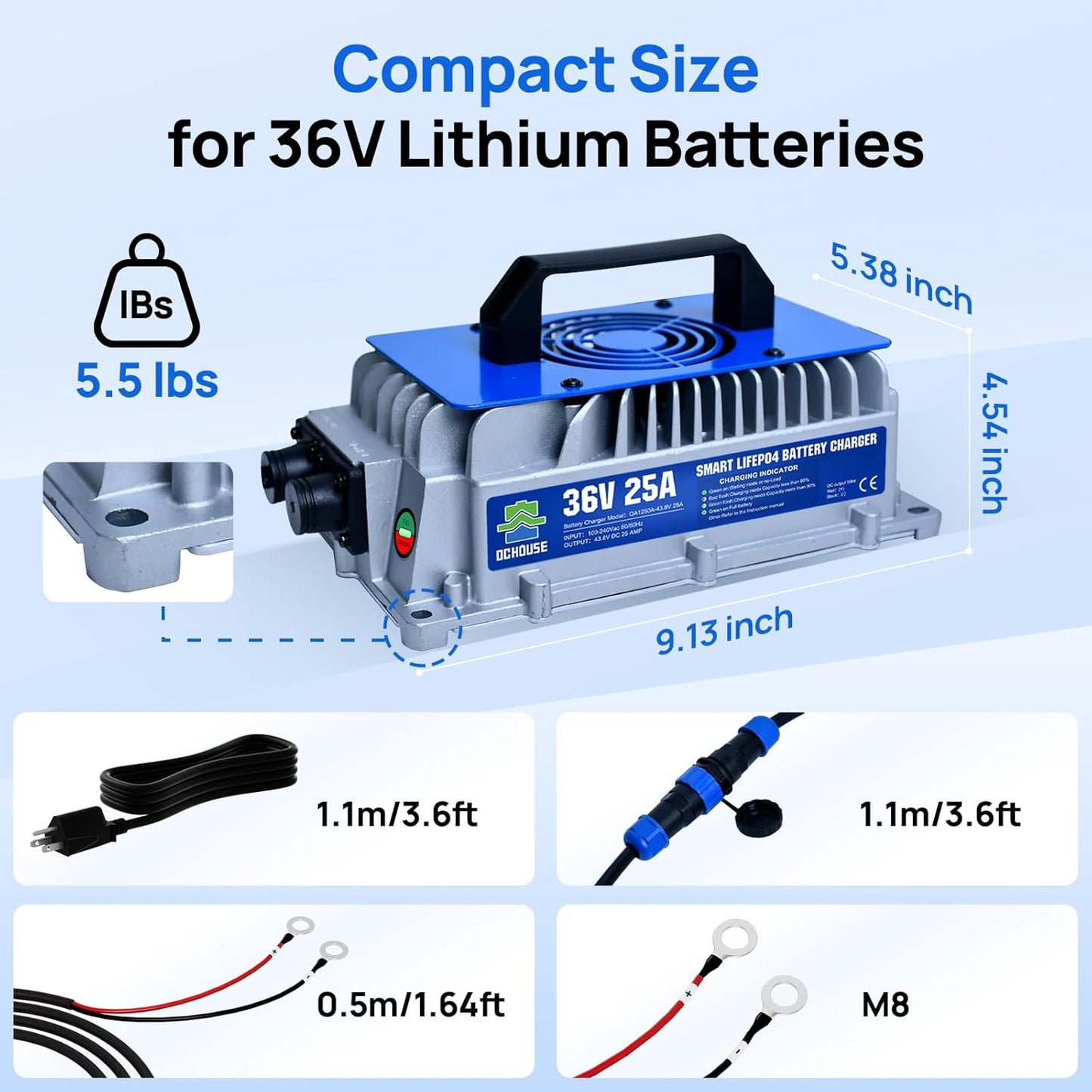 DC HOUSE 36V 25A Lithium Battery Charger, 900W Fast Charger, Charging Efficiency ≥ 93%, IP65 Waterproof Anti-Fall with Cooling Fan, Suitable for 36V Golf Cart,Trolling Motor, Forklift LiFePO4 Battery