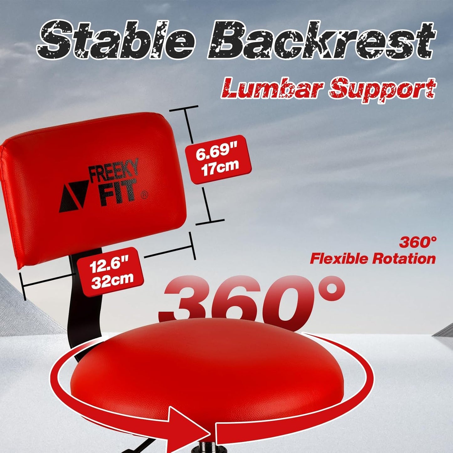 Shop Stool with Backrest, Mechanic Garage Stool for Workshop, Adjustable Shop Stools Chair, Padded Workbench Stools for Men Women, 300 LBS Capacity, 360° Swivel PVC Seat, Heavy Duty, Red