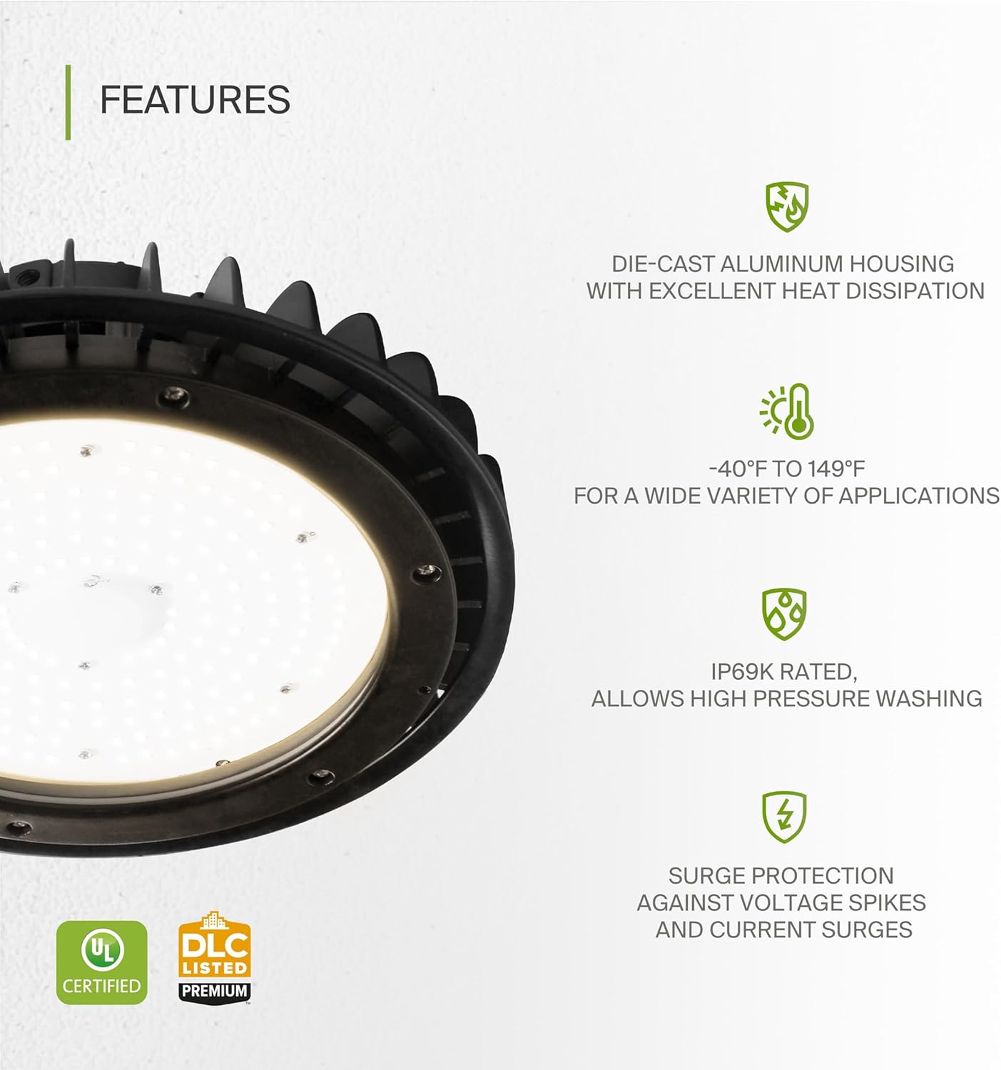 ASD LED High Bay UFO Light Fixture, Commercial Shop Lighting | Dimmable, IP69K Waterproof, DLC Premium, UL Listed | 100W 14600LM 3500K 100-277V | Warehouse, Garage, Workshop, Barn Lamp | Black