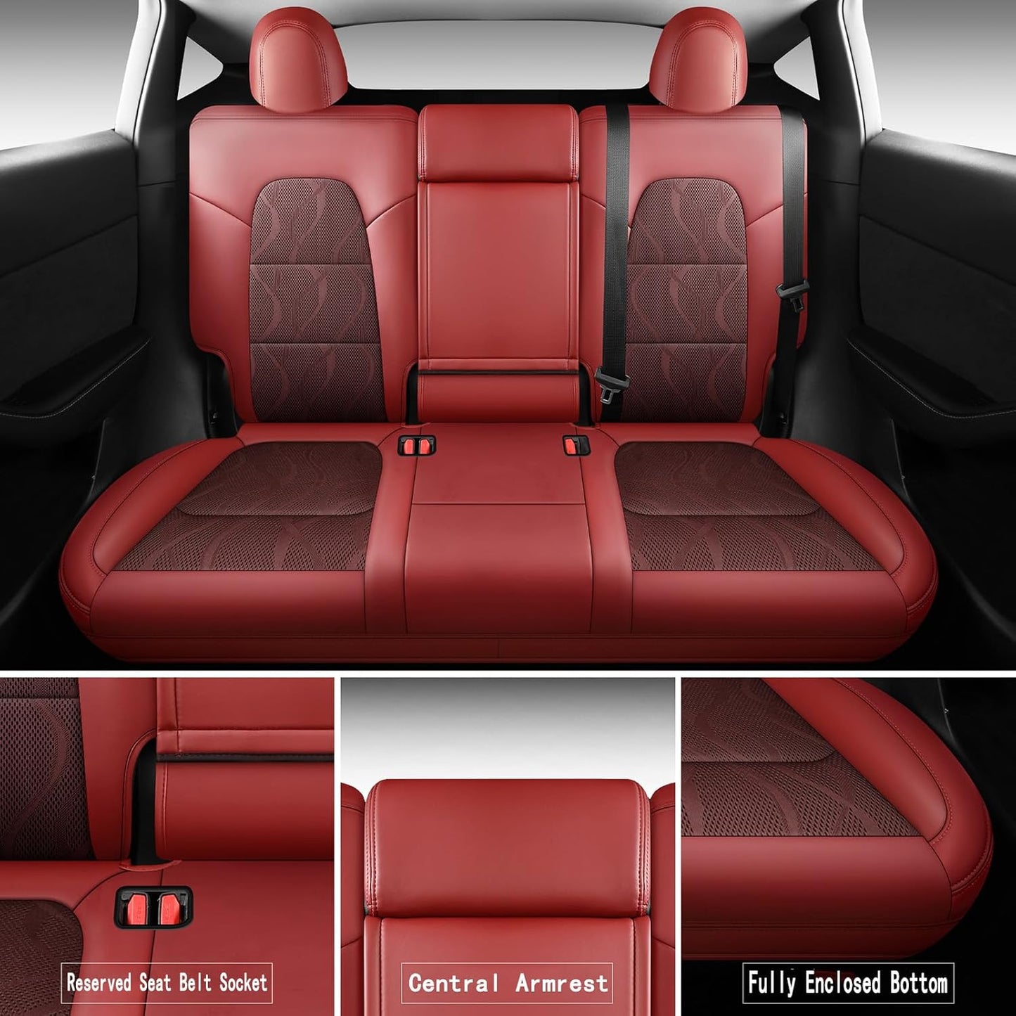 Tesla Model Y Seat Cover Full Set, Faux Leather Tesla Car Seat Cover, Perfect Suitable for Tesla Model Y 2020 2021 2022 2023 2024 2025 (Wine Red)