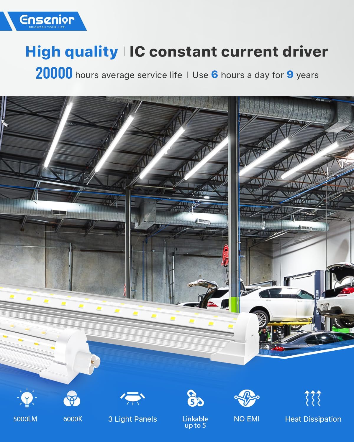 Ensenior 4 Pack 4 FT Led Shop Lights, 6000K Clear White, 5000LM Super Bright, 36W Equivalency 468W, Commercial Bay Lighting, U-Shaped Linkable Shop Lights Plug in for Garage, Workshop, FCC Certified