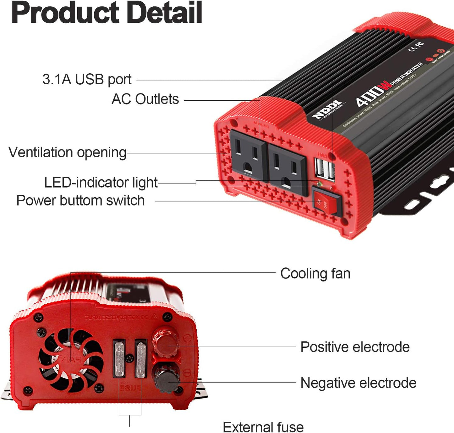 400W Car Power Inverter, DC 12V to 110V AC Converter with 2 Charger Outlets and Dual 3.1A USB Ports Cigarette Lighter Socket Adapter(Black)