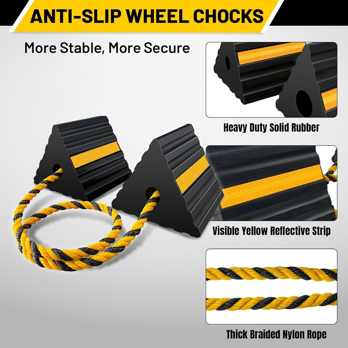 ROBLOCK Rubber Wheel Chocks for RV Trailer Camper Truck Car Aircraft Boat, Versatile Rubber Chocks Block Stopper for Tire with Reflective Strips, Utility RV Accessories, 2pair/4pack