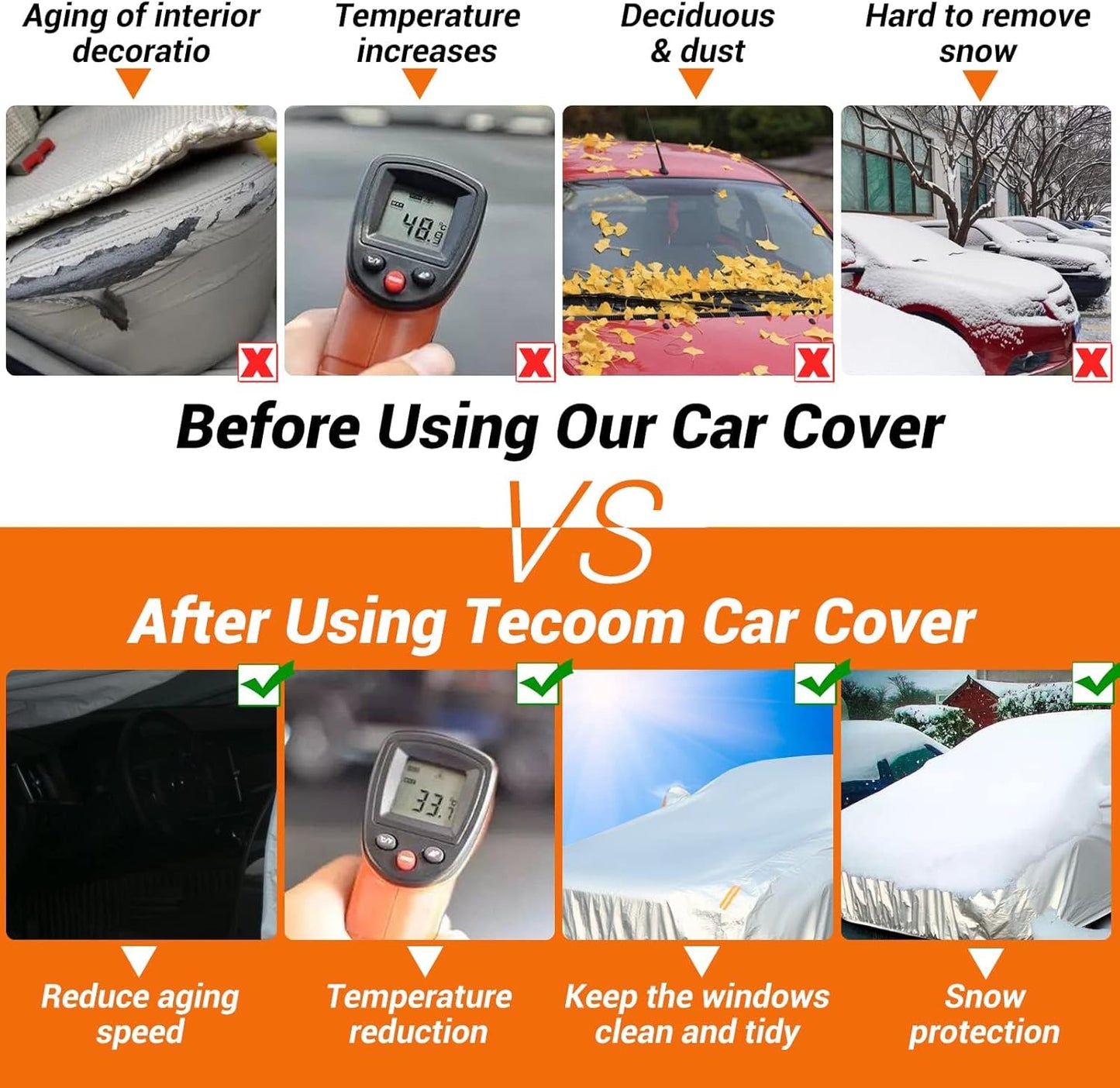 Tecoom Car Cover Waterproof All Weather, Fleece Lining Car Covers for Automobiles with Zipper Door Lock, 3 Layers Outdoor Indoor Full Car Cover Snow Hail UV Sun Protection Fit for SUV (206-215 Inch)