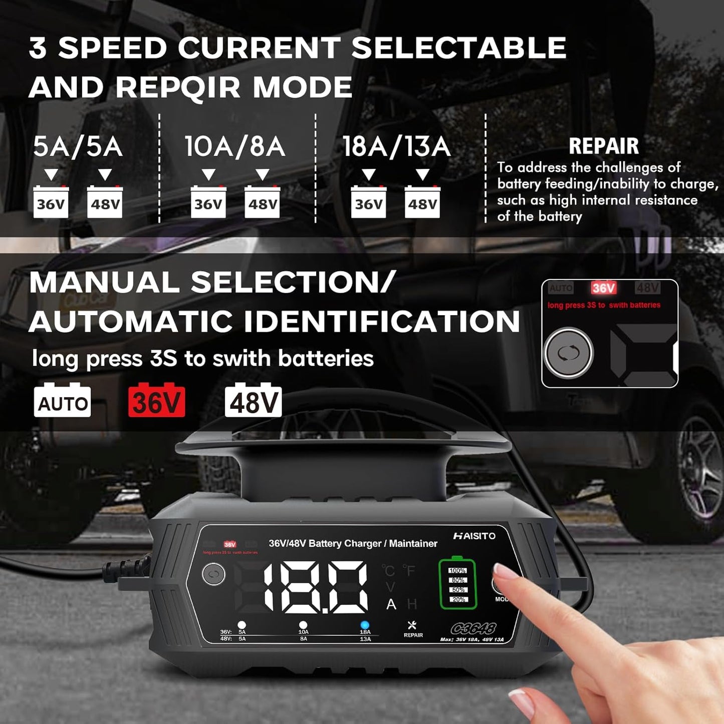 Golf cart Battery Charger, 36V 18A and 48V 13A Trickle Battery Charger,36 Volt Golf Cart Charger,for Club Car,EZGO & Yamaha,Lithium,LiFePO4,Lead-Acid AGM/Gel/SLA..BatteryCharger,Crowfoot Plug