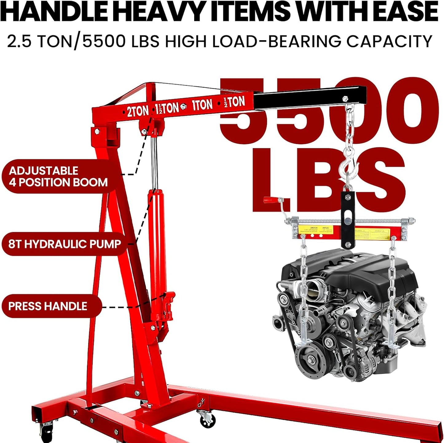 5500 Lbs Folding Engine Hoist Cherry Picker, 2.5 Ton Engine Hoist with Lever, with 6 Casters, 8 Ton Hydraulic Pump 4 Adjustable Position, Engine Crane for Garage, Workshop, Repair(Red)