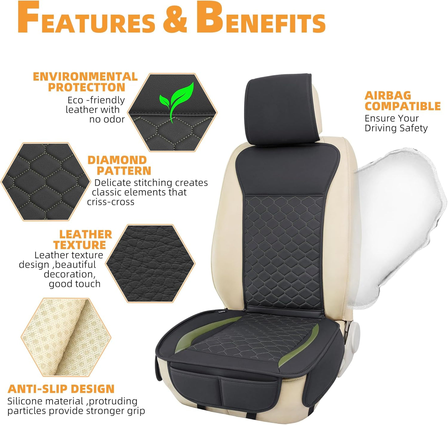 Elantrip 2PCs Front Car Seat Covers Leather Car Seat Protector Universal fit for Most Cars SUVs and Trucks Water Proof Seat Protector Black and Green