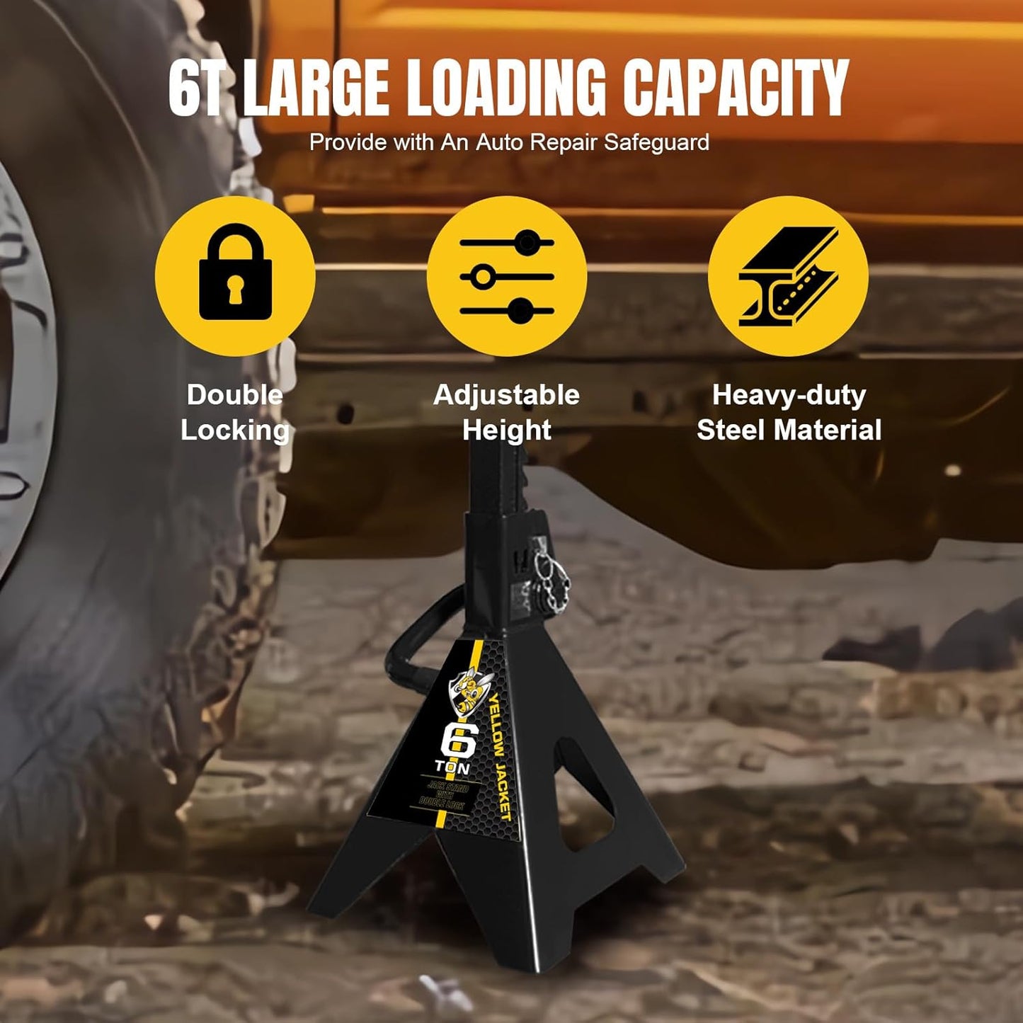 YELLOW JACKET Jack Stands 6 Ton with Double Locking for Lifting Car SUVS, Heavy Duty Steel, 13000 lb Capacity, 1 Pair, Black