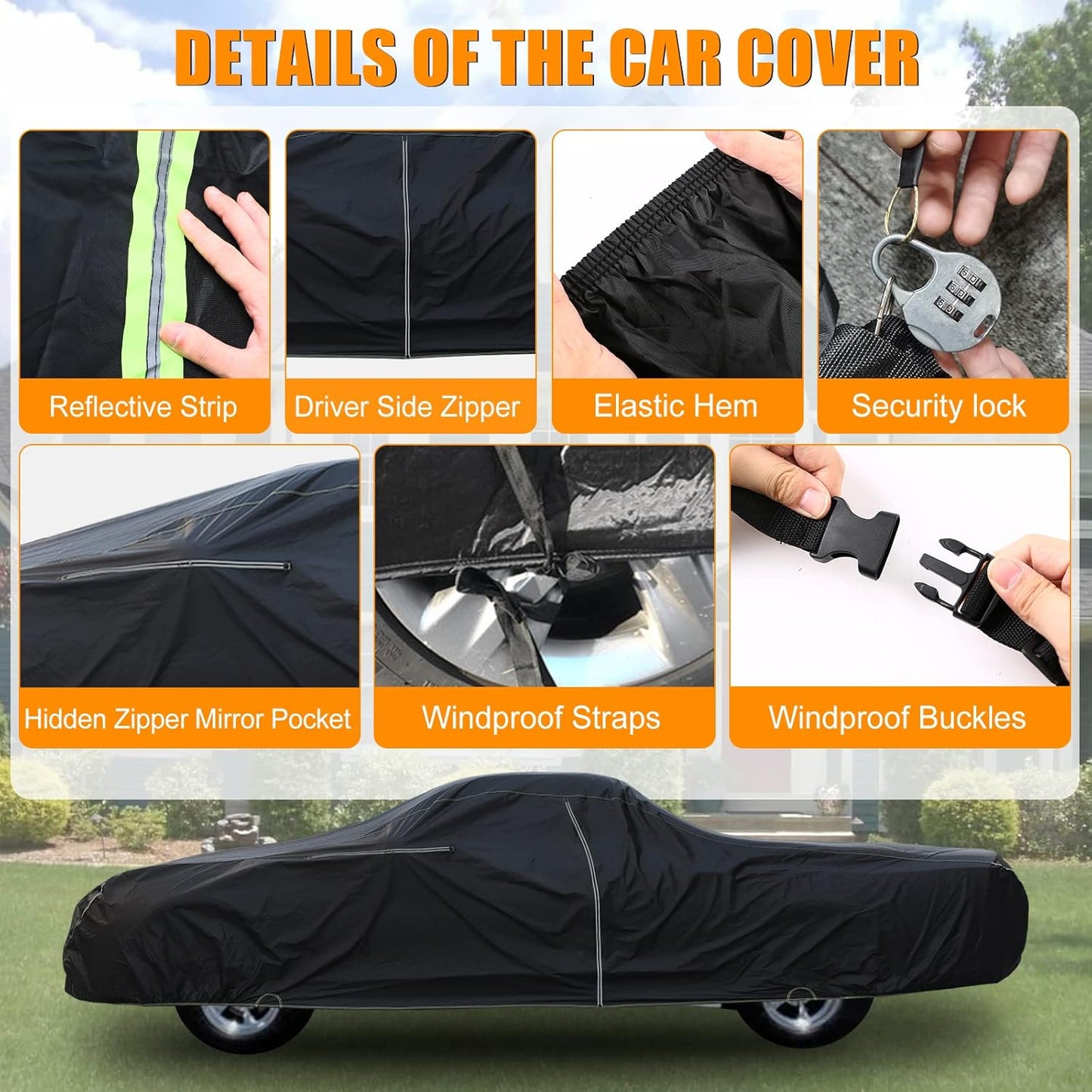Waterproof Car Cover Compatible with Chevrolet El Camino 1968-1972, 300D with Inner Cotton Liner All Weather Classic Car Covers with Zipper Door Reflective Strips Lock for Snow Rain Dust