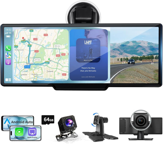 10.26" Wireless Carplay Screen, Portable Car Play & Android Auto Screen, Car Stereo with 4K Dash Cam, HD Touch Screen with 1080P Backup Camera/Mirror Link/Voice Control/GPS/AUX/FM for All Vehicles