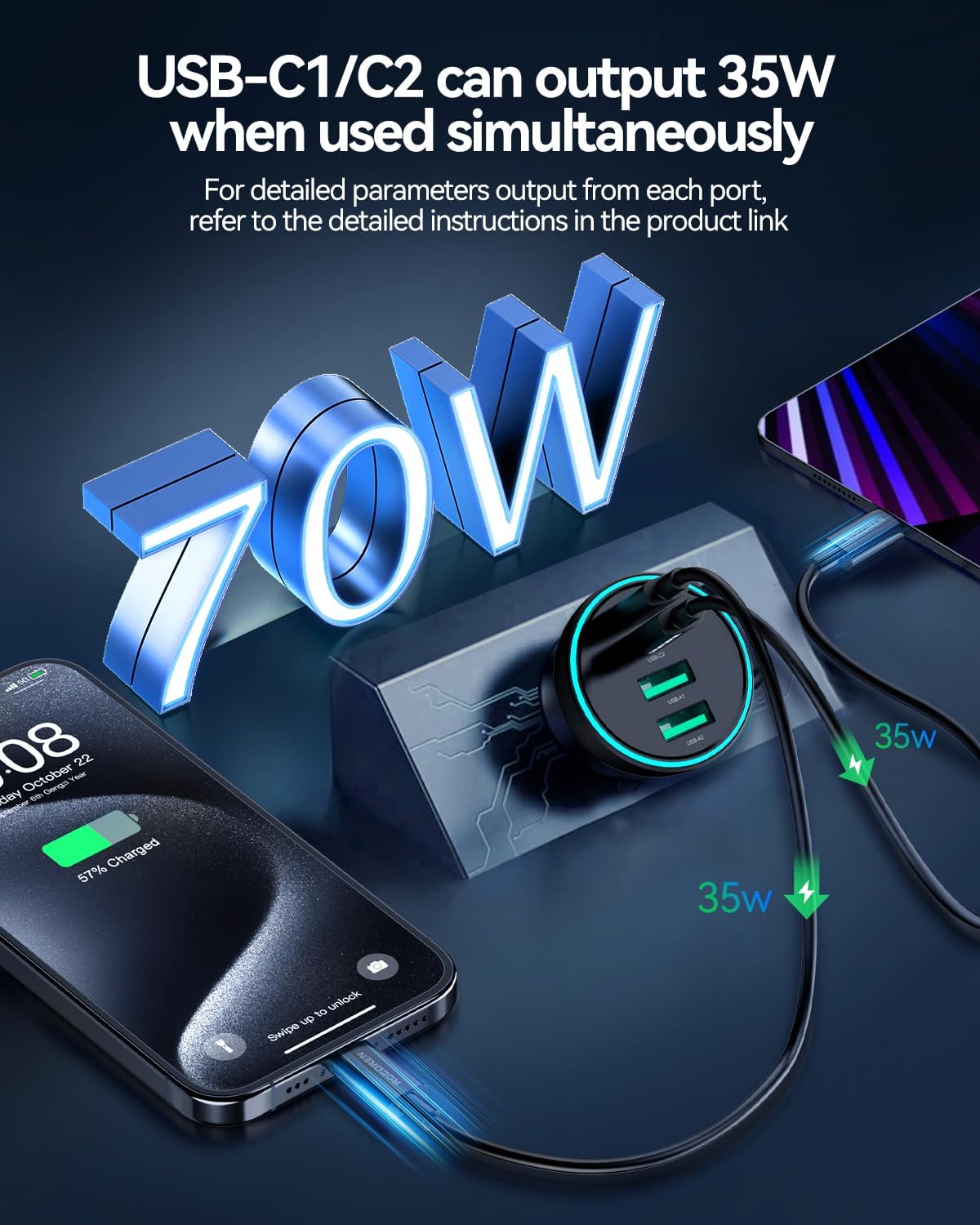 70W USB C Car Charger, Rocoren 4-Port PD Super Fast Charging Type C Car Charger for Multiple Devices, Cigarette Lighter Adapter, USBC Phone Adapter for 17 iPhone 16/16e/15 Pro Max, Samsung S25, Piexl