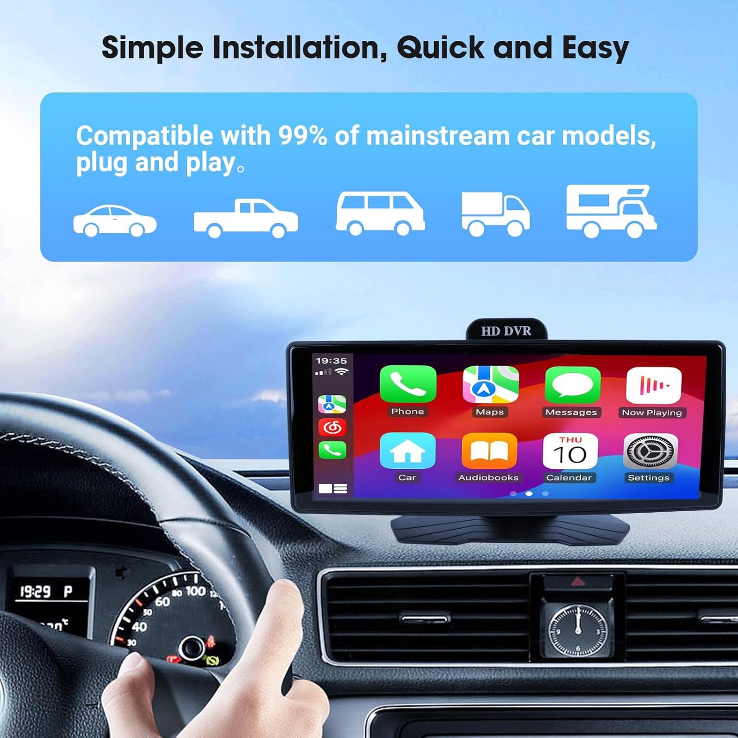 9.26" Wireless CarPlay & Android Auto Screen for Car, 10 Inch Portable Car Stereo with 1080P Dash Cam Front and Rear, Backup Camera, Bluetooth, GPS Navigation, FM Transmitter, Plug and Play