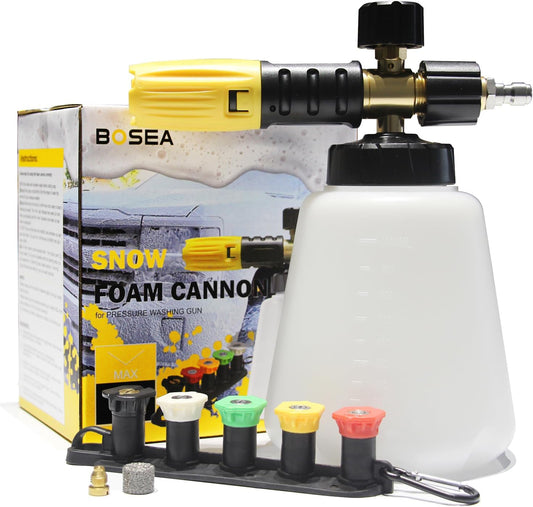 BOSEA Foam Cannon with Pressure Washer Tips and Nozzle Holder, 4000PSI Car Wash Snow Foam Cannon (Wide Mouth) with M22 and 1/4" Quick Connector,1L Bottle