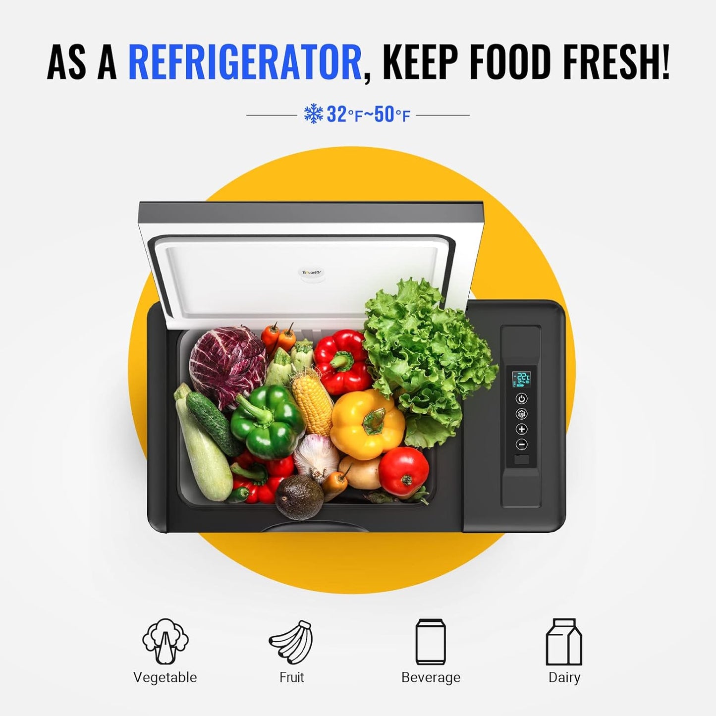 BougeRV 12 Volt Refrigerator 12V Car Fridge 30 Quart Portable Freezer Compressor Cooler Compressor Freezer, 12/24V DC 110~240V AC, -8℉~50℉ for Truck RV SUV (Black)