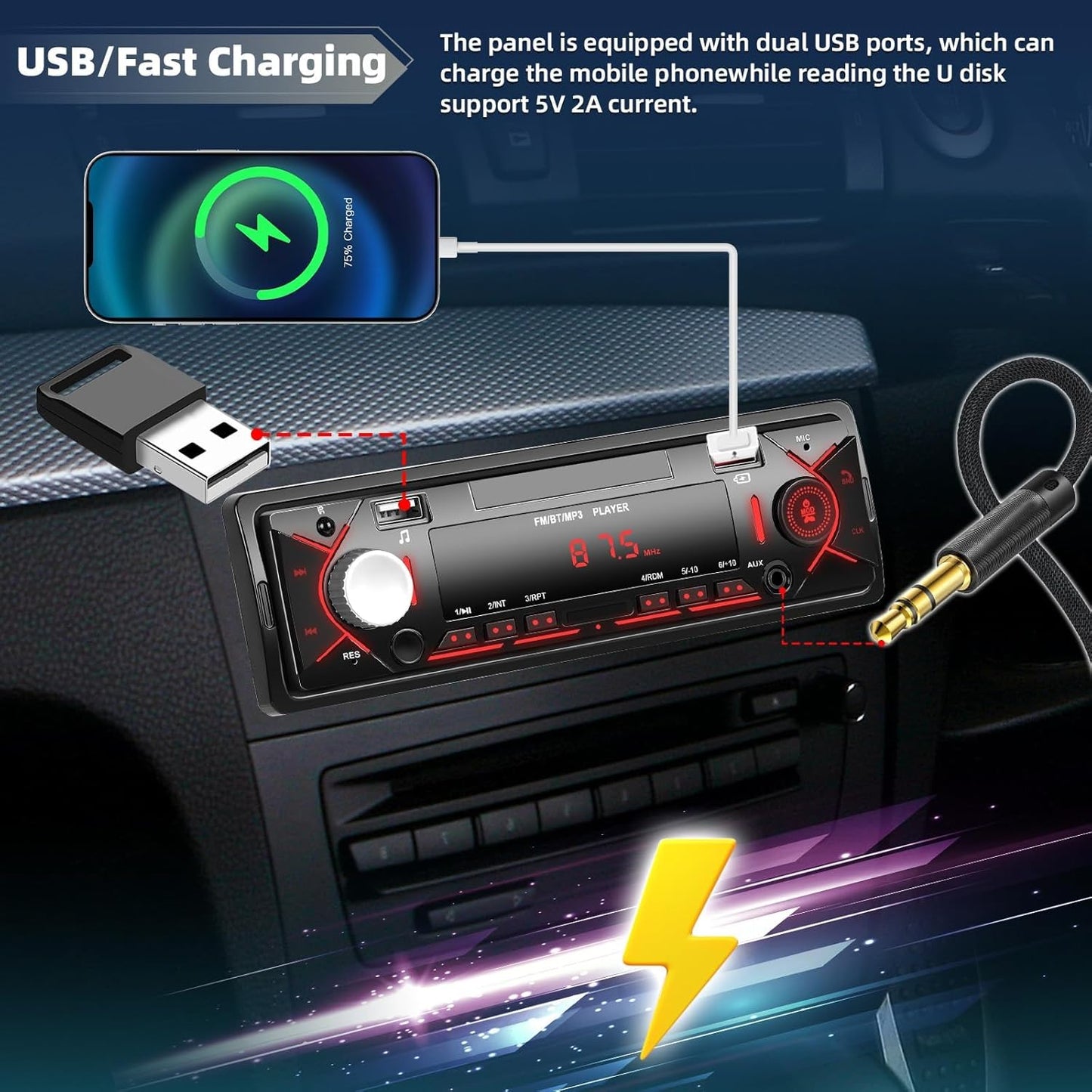 Car Radio Single Din Bluetooth Digital Car Stereo Receiver Hands-Free Calls Audio Multimedia System with 2 USB/AUX FM Radio USB Quick Charge MP3 Player