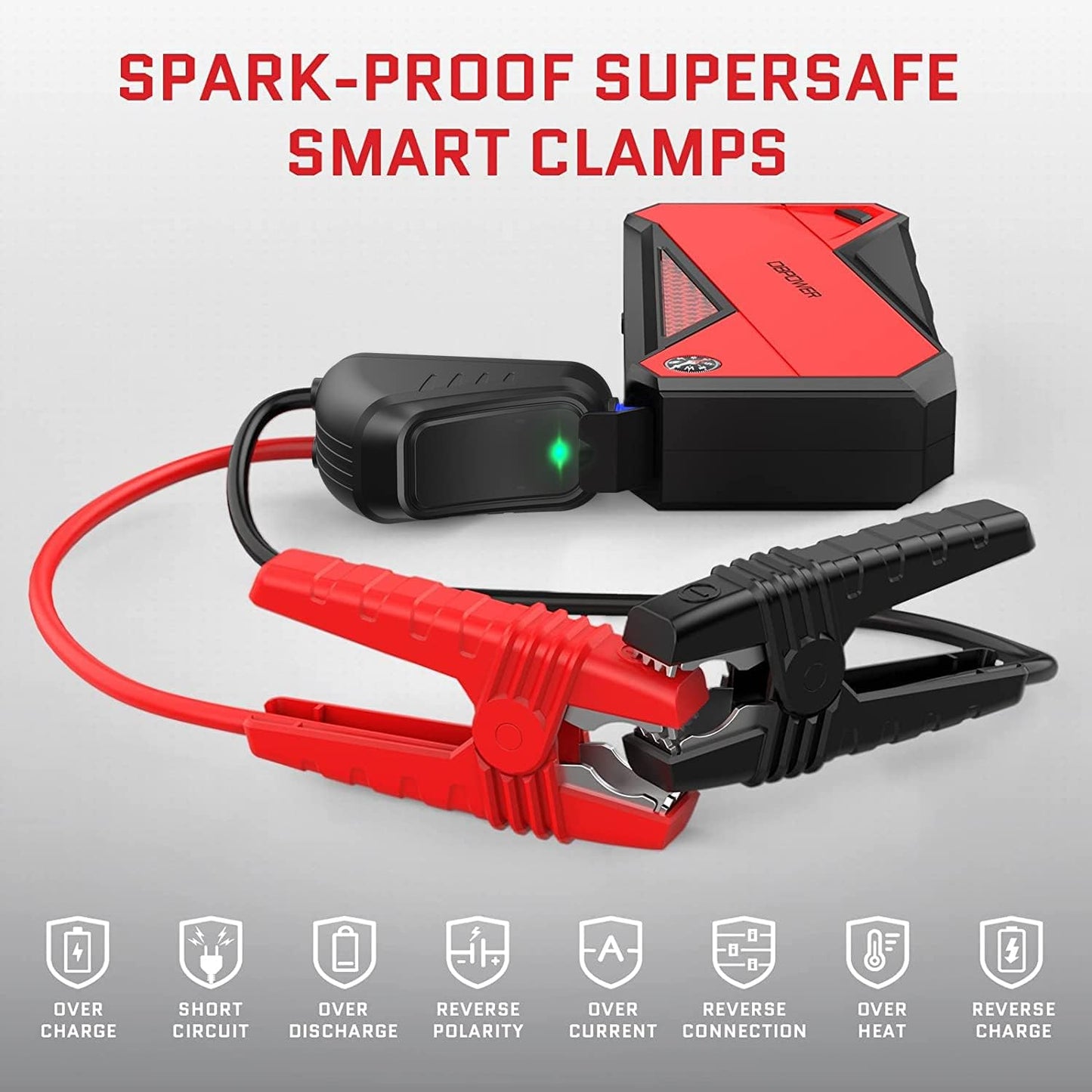 DBPOWER Peak 1600A 18000mAh Portable Car Jump Starter(up to 7.2 Gas, 5.5L Diesel Engines) Battery Booster with Smart Charging Port, LCD Display, Intelligent Jumper Clamps, Compass and LED Light