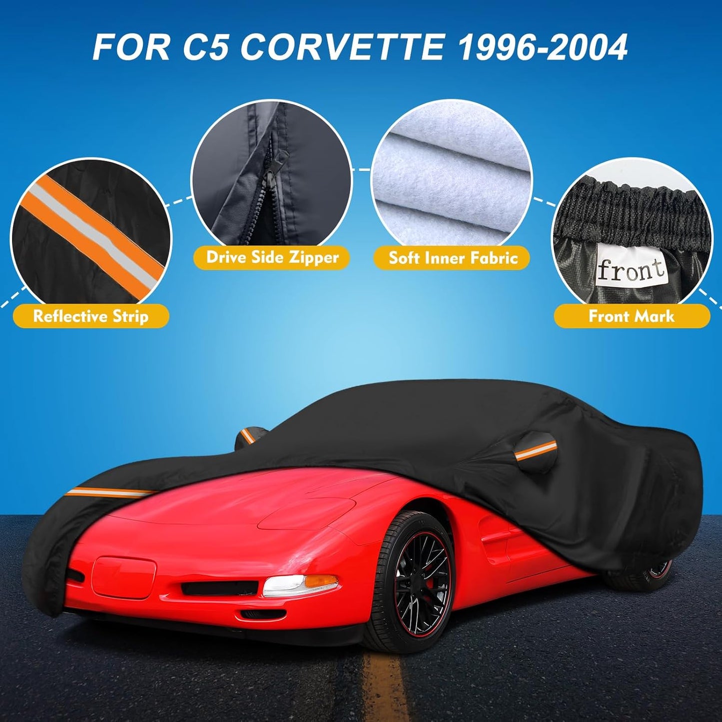 QUNSUNUS 6 Layer Car Cover for C5 Corvette 1996-2004 Waterproof All Weather Windproof for Corvette Car Cover Hail Protection with Zipper