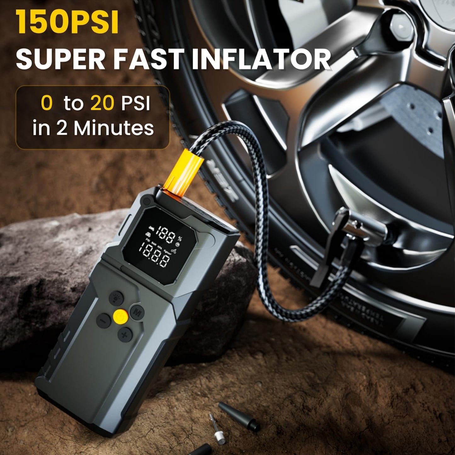 Jump Starter with Air Compressor, 5000A Jump Starter Battery Pack with 150PSI Tire Inflator, Portable Air Compressor, 12V Jump Starter for 9.0L Gas 7.0L Diesel Engines, Jumper Cables, Flashlight