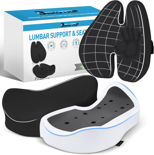 BEAUTRIP Seat Cushion & Lumbar Support Pillow for Office Chair, Car & Wheelchair - Ergonomic Coccyx Cushion for Tailbone, Sciatica & Back Pain Relief - Extra-Dense Charcoal Memory Foam Chair Cushions