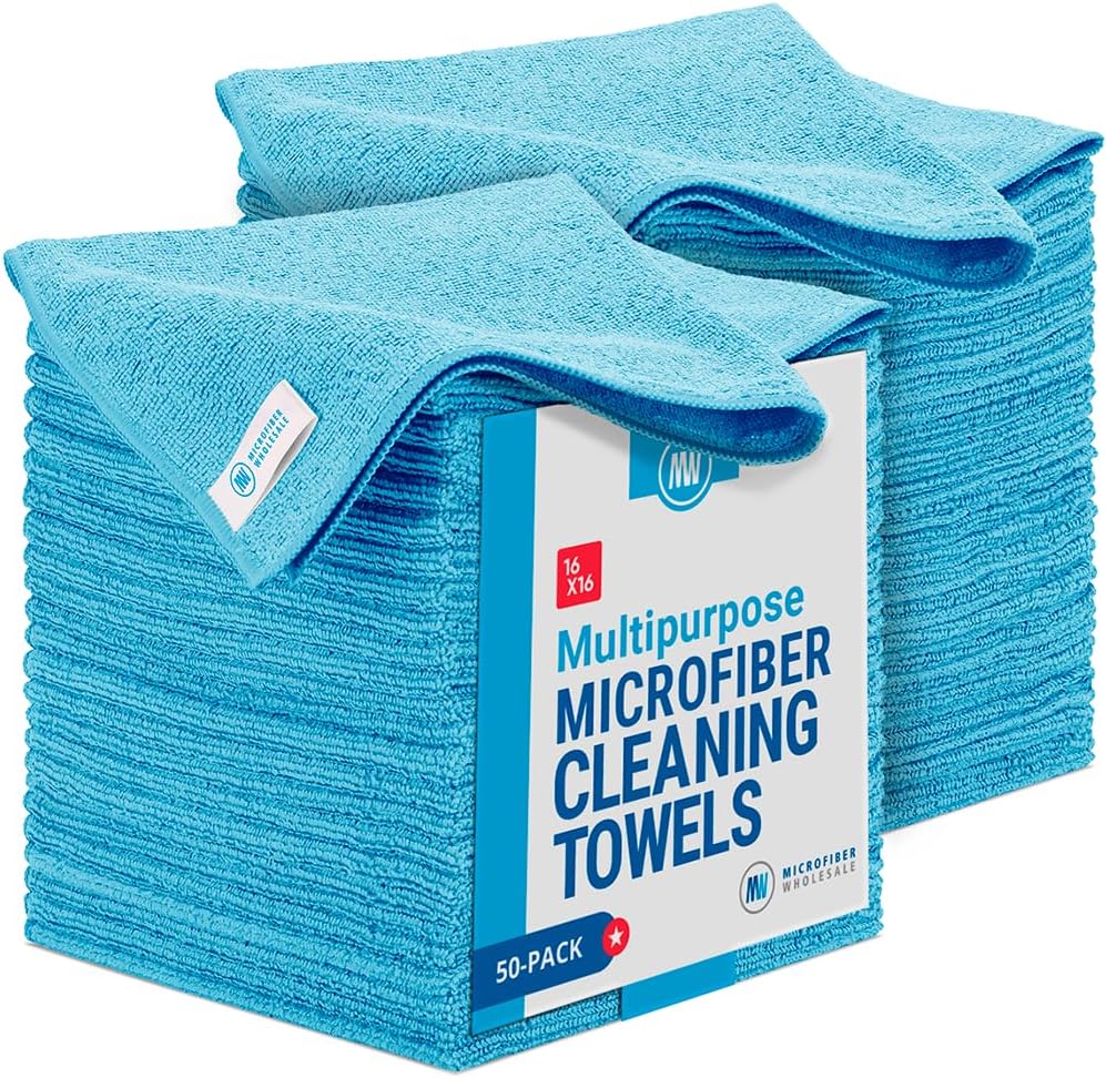 16" x 16" All Purpose Microfiber Towels - 50 Pack - Reusable Wash Cloths, Dust, Kitchen, Car, Shop Rags for Cleaning (Blue)