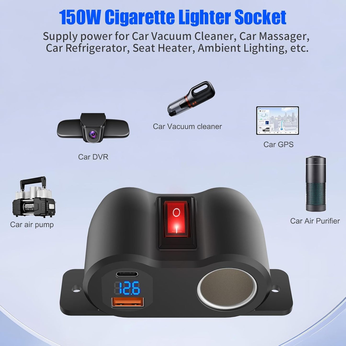 2-in-1 Surface Mount 12V USB Outlet Cigarette Lighter Socket, PD 30W and QC18W Car USB Port Car Charger with Button Switch LED Voltmeter and 120W Socket, Suitable for Cars, Boats, RVs and ATVs