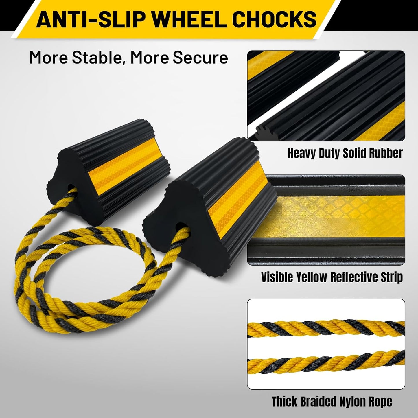 ROBLOCK Wheel Chocks (2pair/4pack with Rope) for RV Trailer Camper Truck Car Aircraft, Versatile Heavy Duty Rubber Wheel Chocks Block with 3 Reflective Strips, Tire Wheel Immobilizers & Chocks