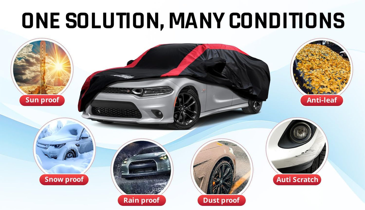 Dodge Charger Car Cover Waterproof All Weather with Red Strip Design, Custom Fit for Dodge Charger 2006–2023, Charger Accessory with Door Zipper & Windproof Straps