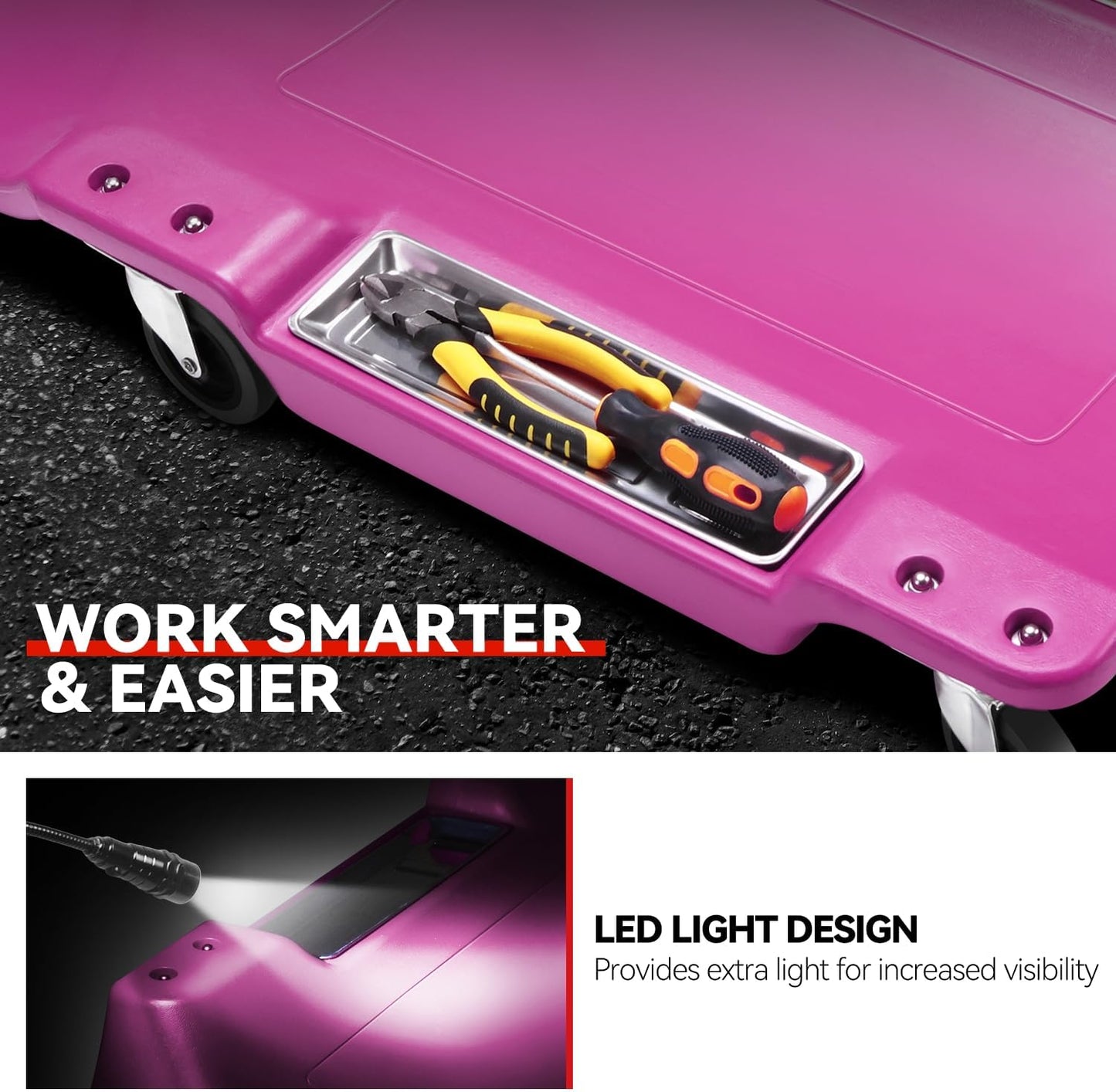 Auto Dynasty 40 Inches Mechanic Creeper, Automotive Garage Repair Low Profile Under Car Rolling Creeper with LED Light and Padded Headrest, Plastic, Purple