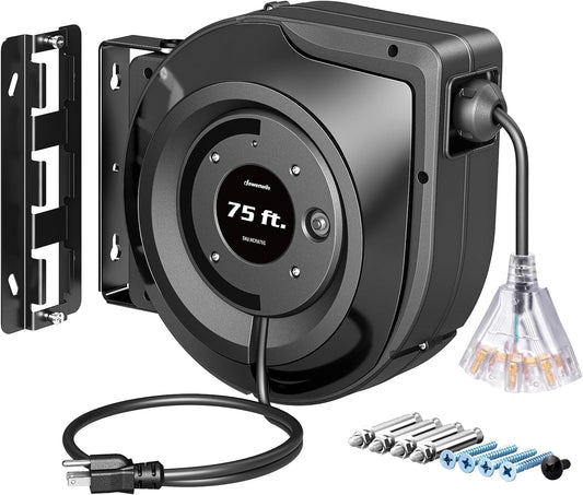 DEWENWILS 75FT Extension Cord Reel, 14/3C SJTOW Retractable Extension Cord Reel, Lighted Triple Outlets, 10A Circuit Breaker, Heavy Duty Power Cord, UL Listed, Ceiling/Wall Mount