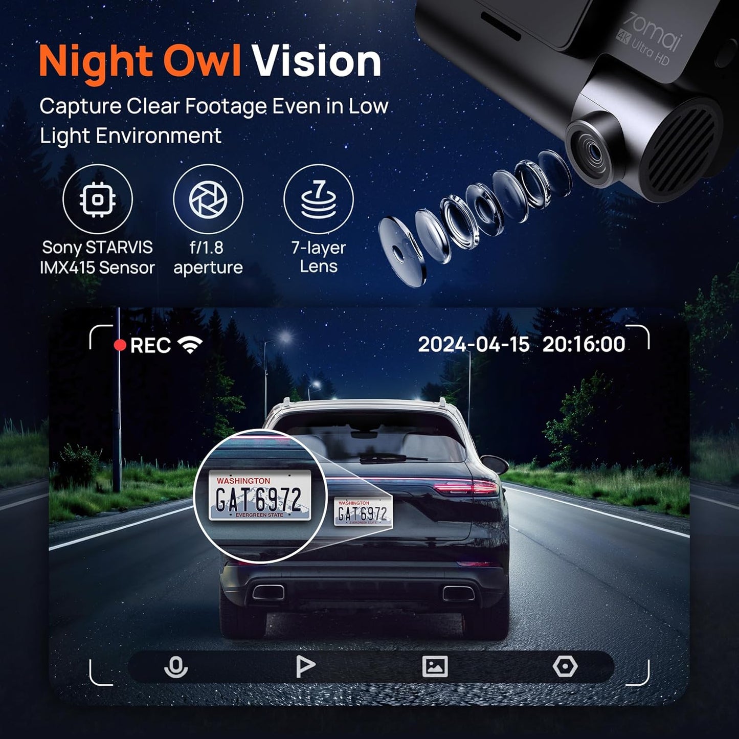 70mai 4K Dash Cam Front and Rear with STARVIS, Built in 5GHz WiFi & GPS Car Camera, Super Night Vision, ADAS, 3'' IPS Screen, 24H Parking Mode, Time-Lapse, Loop Recording, with 128GB Card (A800S)