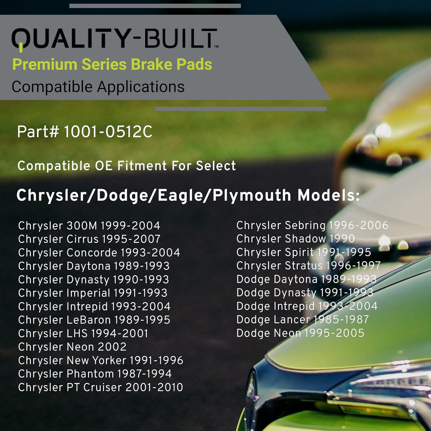 Premium Ceramic Rear Brake Pads (1001-0512C) Compatible with 1985-2010 Chrysler/Dodge/Eagle/Plymouth (300M/Acclaim/Breeze/Cirrus/Daytona/Dynasty/Imperial/Intrepid/Lancer & More)