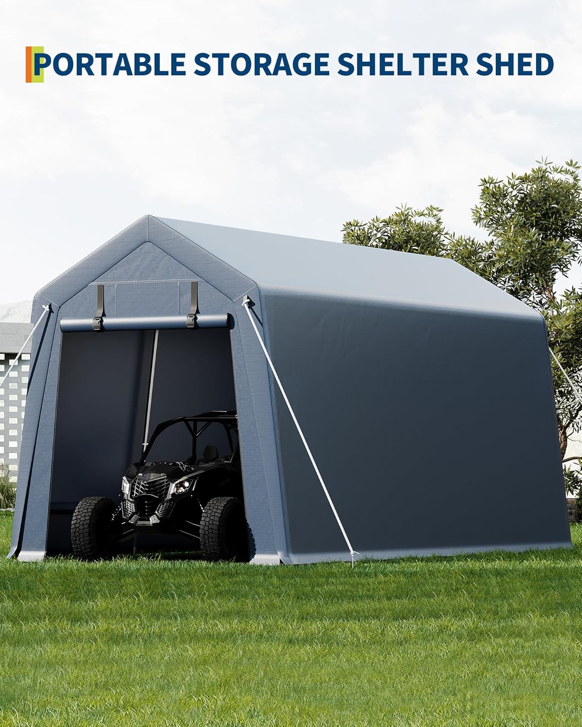 10x15FT Outdoor Storage Shed, Portable Carport with Roll-up Ventilated Zipper Door and Windows, Heavy Duty Waterproof Tarp, Storage Sheds for Motorcycle, Bike, Firewood, Garden Tools