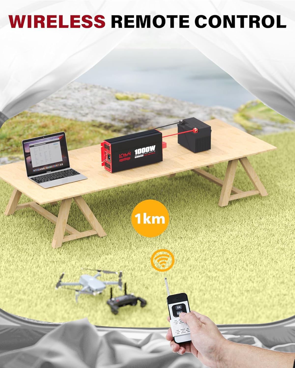 1000 Watts Pure Sine Wave Power Inverter 12V DC to 110V 120V AC Converter for Home RV Off Grid Truck Solar System Inverters with Type-C PD30W USB QC3.0 Port 2 AC Outlets LCD Display and Remote Control