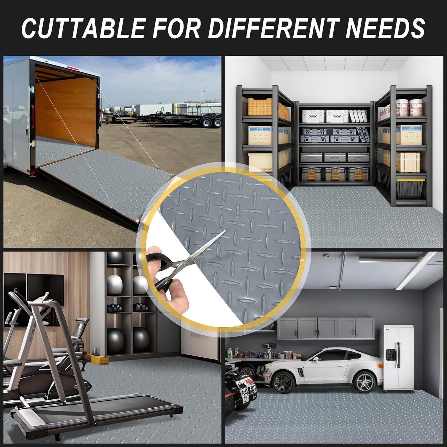 4x8FT Garage Floor Mat, 2.8mm Thickened Flooring Roll for Under Car, Golf Cart Parking Mat, Diamond Plate PVC Rubber Motorcycle Mat, Non-Slip Floor Protector for Garage Warehouse Trailer, Grey