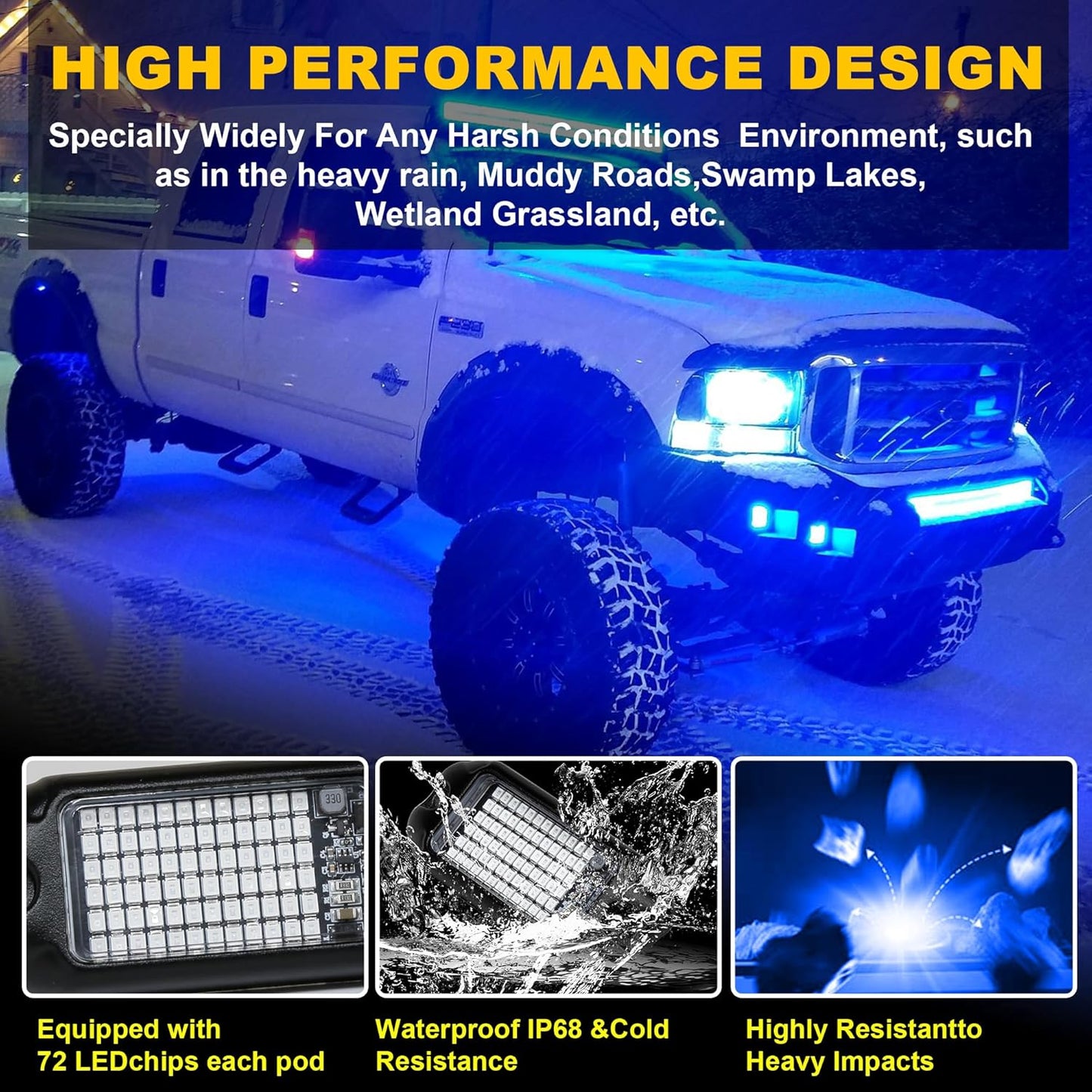 Nicoko 4Pods Pure Blue LED Rock Lights 72w high Power Rock Lights Neon Underglow Light for Car Trucks ATV UTV SUV Boat Underbody Glow Trail Rig Light IP68 Waterproof