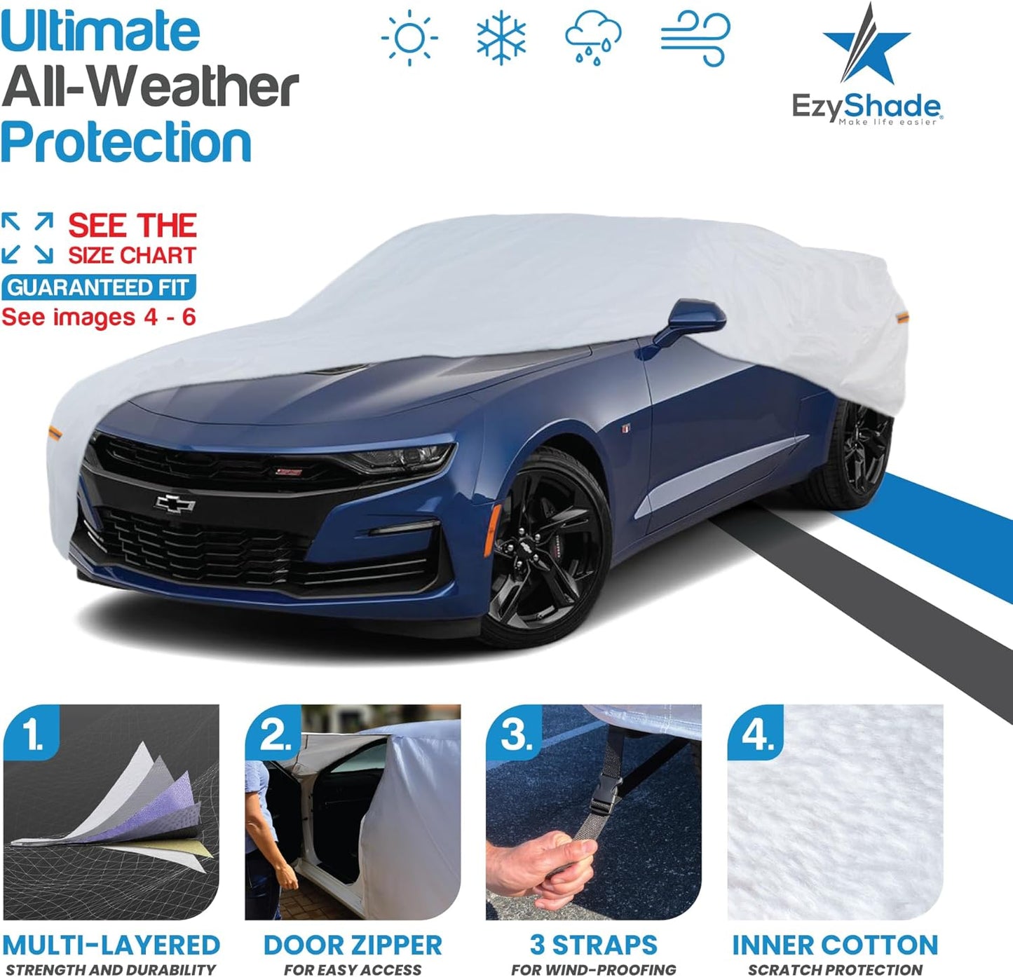 EzyShade 10-Layer Waterproof Sports Car Cover. See Vehicle Size-Chart for Accurate Fit. All Weather Outdoor Covers. Camaro Challenger Firebird GTO Classic Cars Sun Snow Rain. Size C5 (See SizeChart)